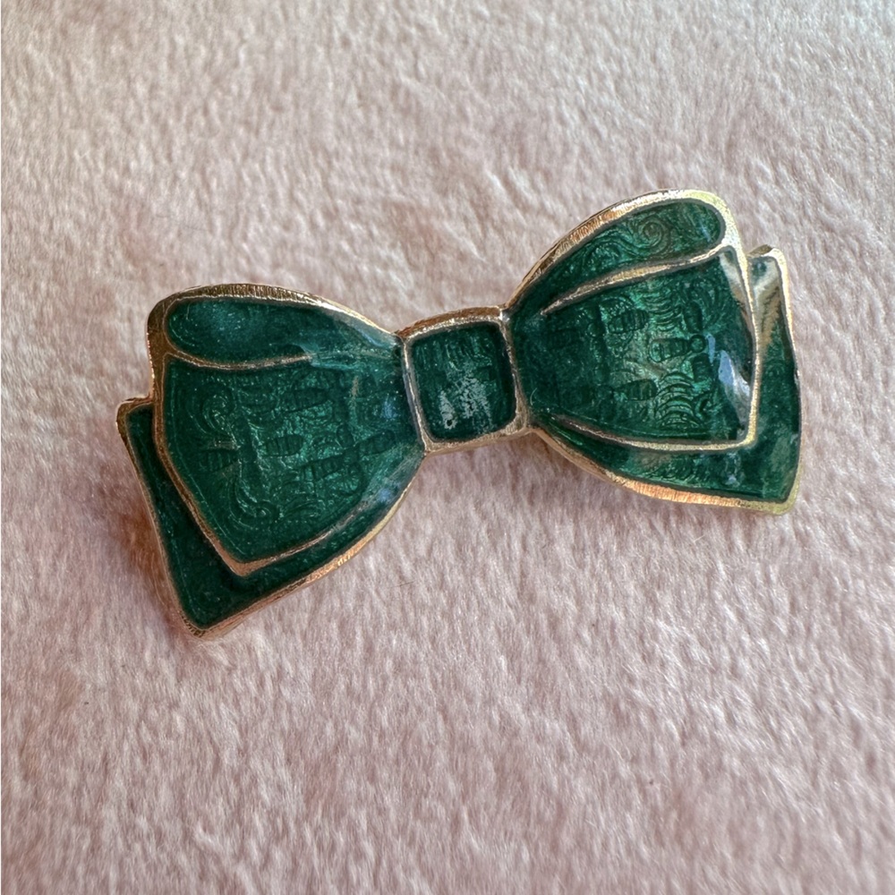 Vintage Petite Teal Green Enamel Bow Brooch Pin Gold Tone - Picture 5 of 8